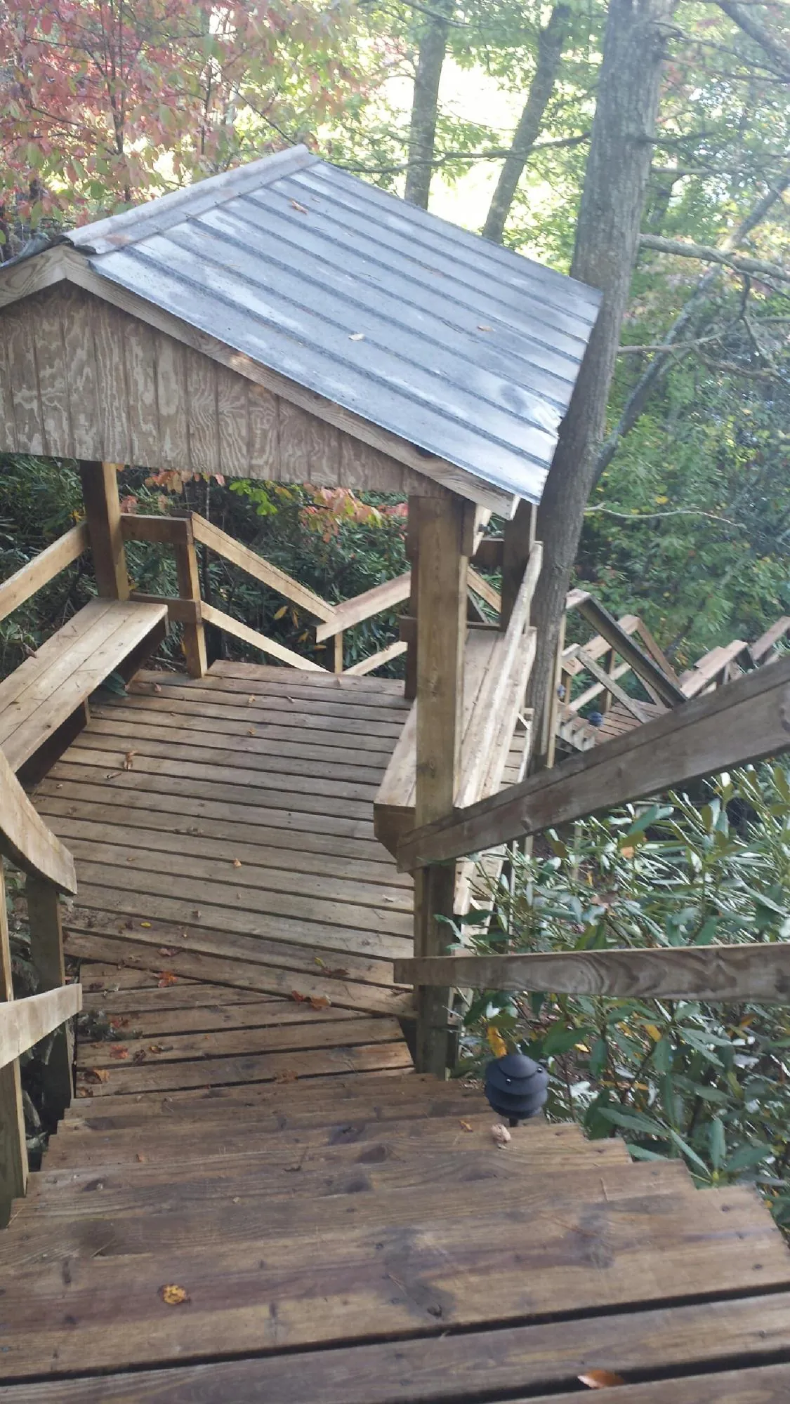 Metal roofed shelter over wooden steps on a wooded walkway — Skylight Repair & Installation work by our crew in Doon